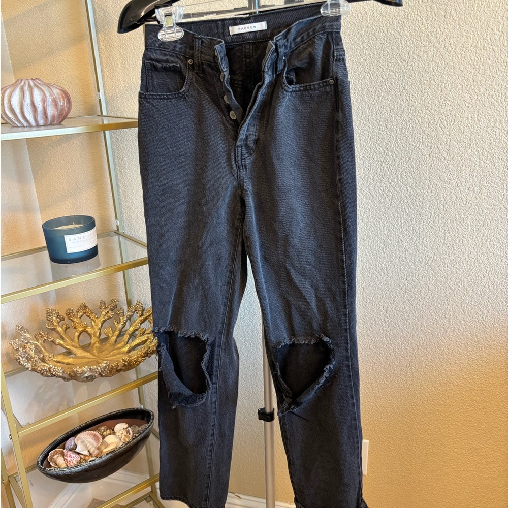 PacSun Black Wash Ripped Knee Dad Jeans High Rise Button‎ Fly Size 23